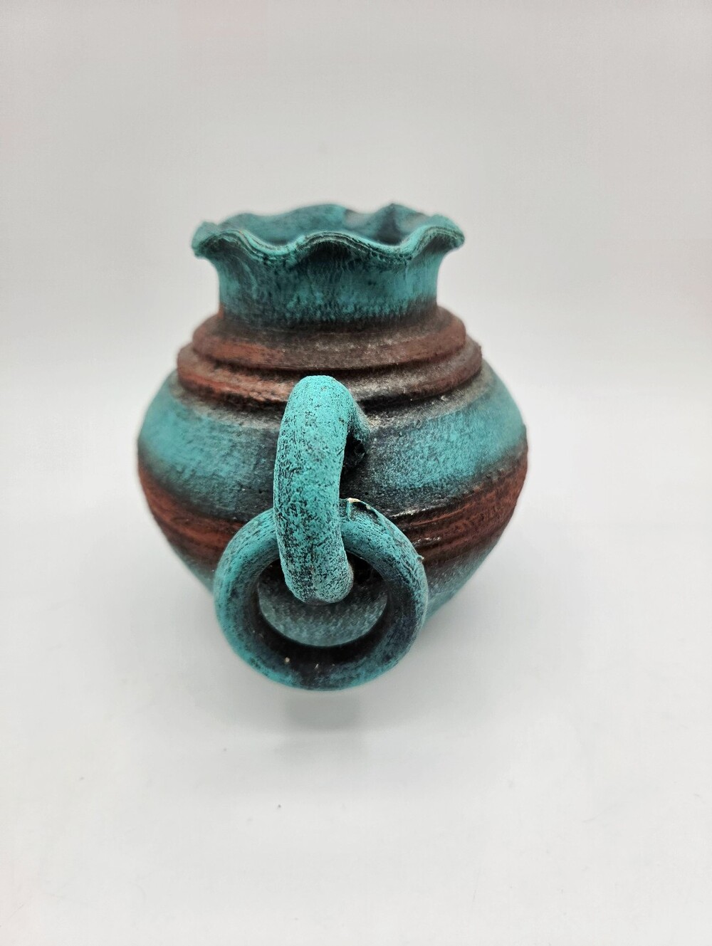 Vintage Turquoise & Rust Double Handle Pottery Vase Urn, Boho Southwestern - Picture 4 of 6